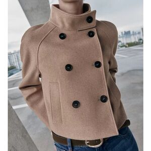Zara Women's Beige Double-Breasted Pea Coat